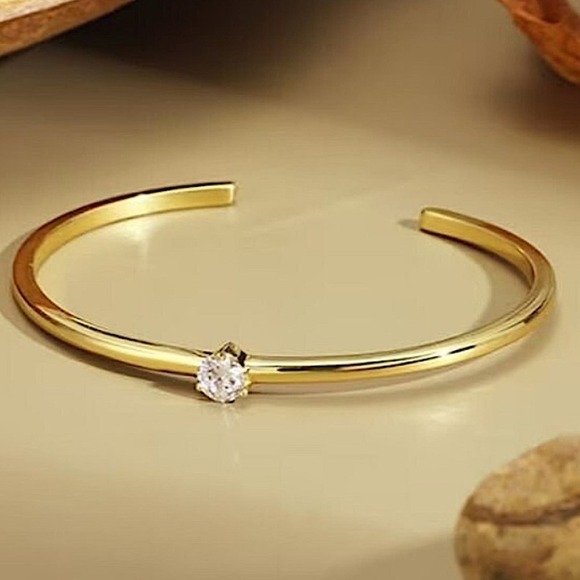 Gold Solitaire Zircon Cuff Bangle Simple Plain Adjustable Bracelet - Picture 5 of 8